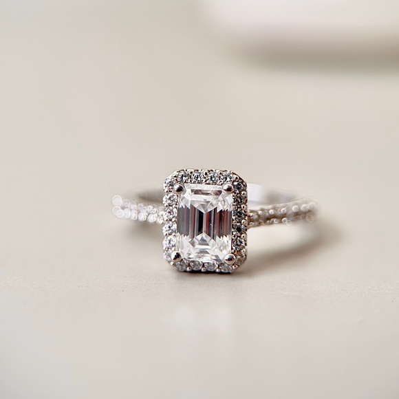 Jewelry - 1.35ctw S925 Moissanite Emerald Cut Halo Engagement Ring 18K Gold Plate